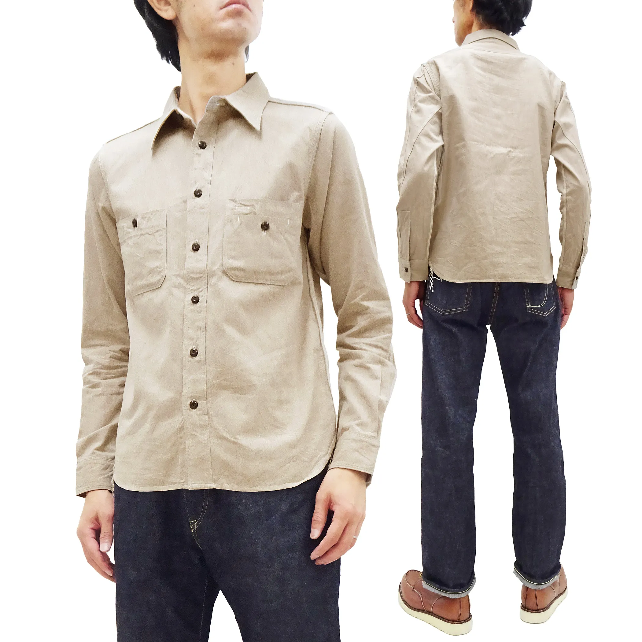 Samurai Jeans Cotton Melange Chambray Shirt Men's Slim Fit Lightweight Long Sleeve Button Up Work Shirt SJCBS23 Heather-Beige