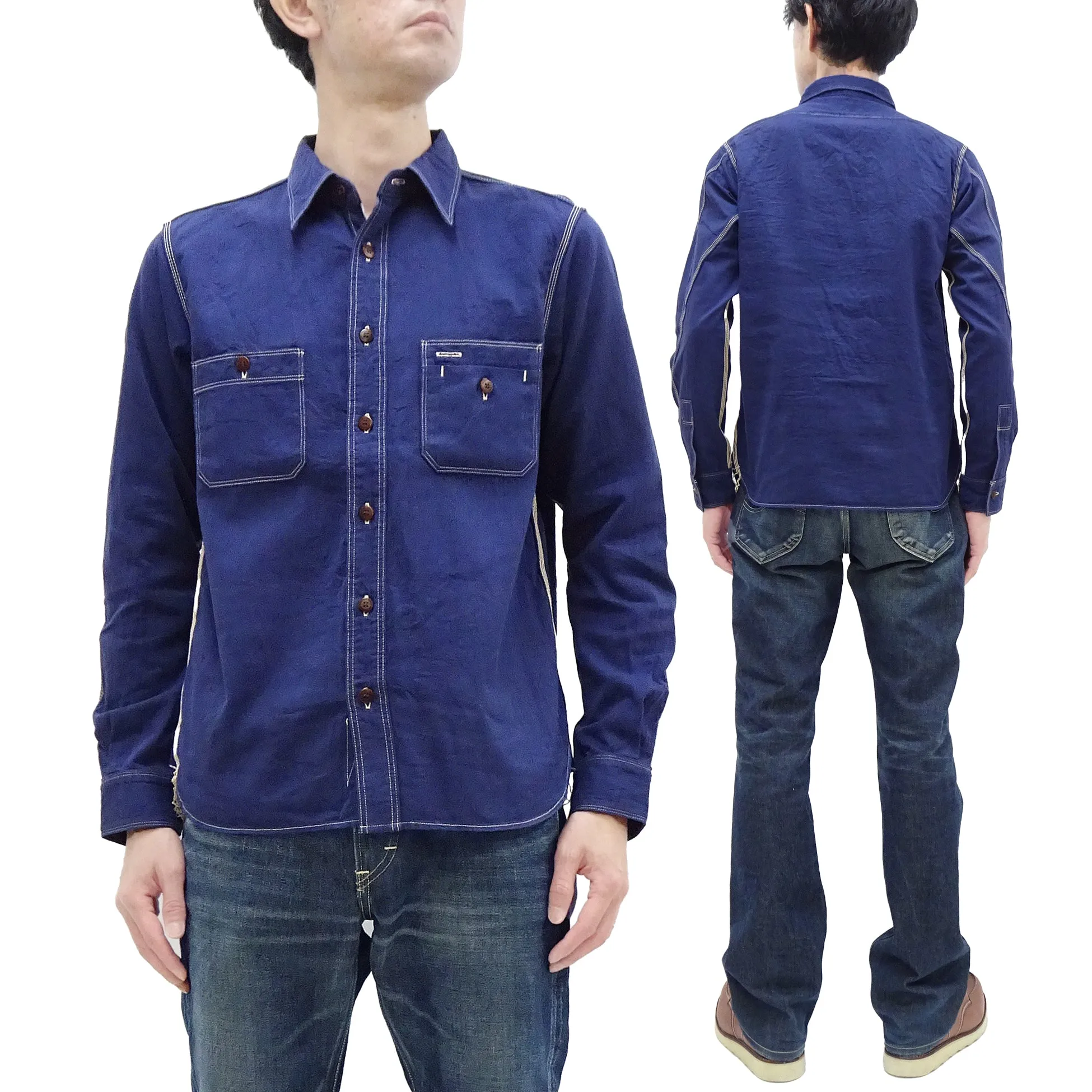 Samurai Jeans Herringbone Shirt Men's Long Sleeve Sulfur-Dyed Selvage HBT Button Up Work Shirt SJCBS24-HB Ink-Blue