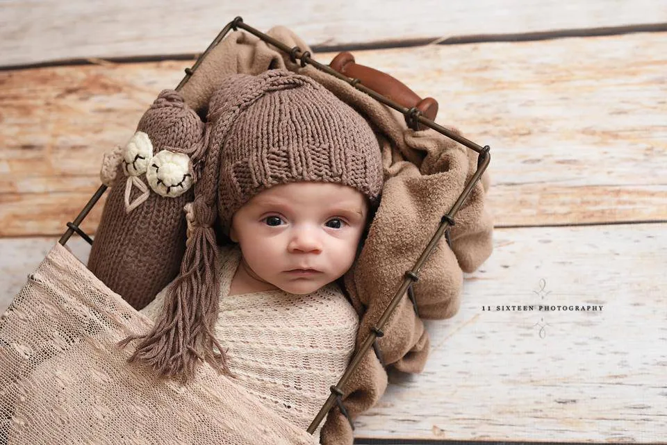 SET Brown Newborn Pixie Elf Hat and Stuffed Plush Owl