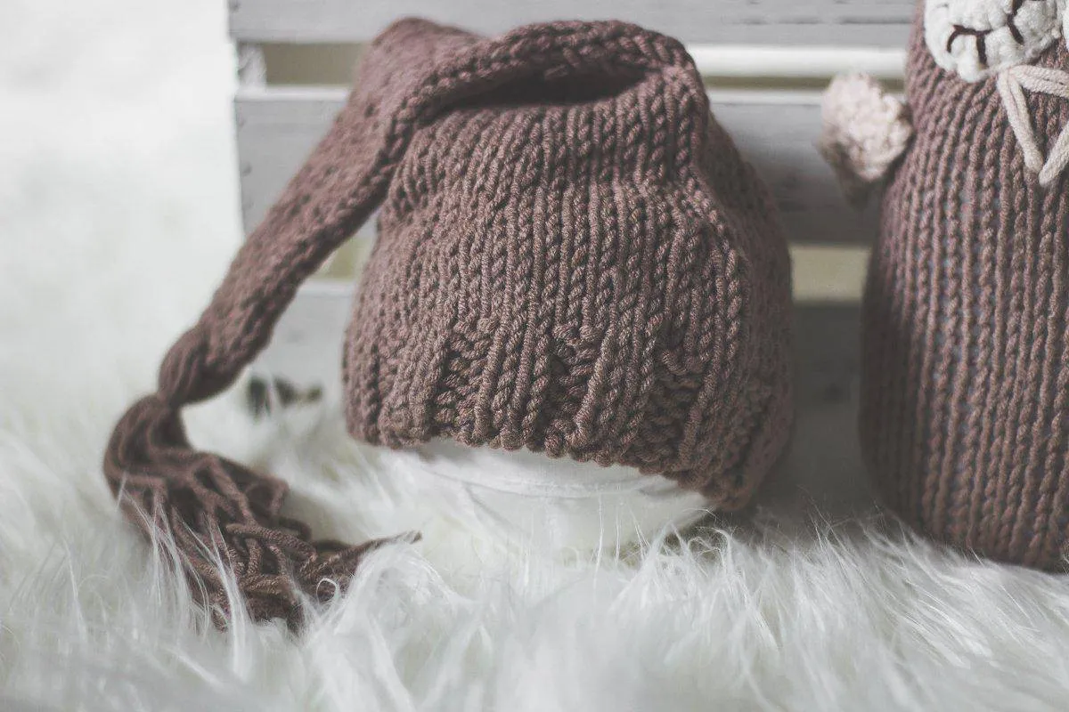 SET Brown Newborn Pixie Elf Hat and Stuffed Plush Owl