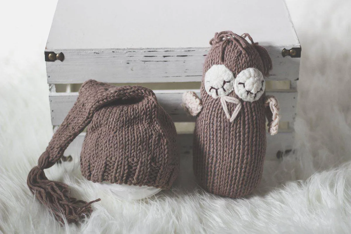 SET Brown Newborn Pixie Elf Hat and Stuffed Plush Owl