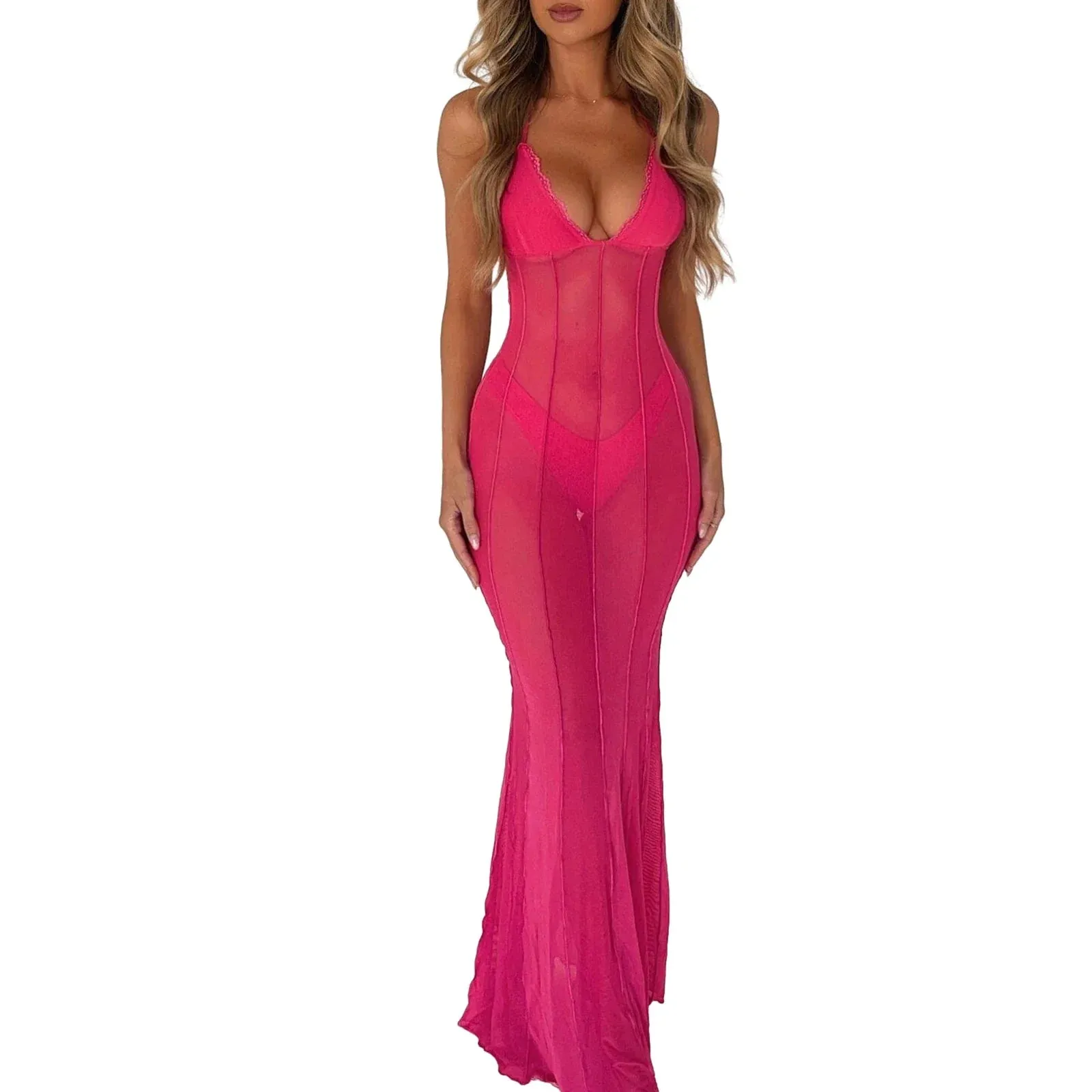 Sexy See Through Maxi Dress Y2k Sleeveless Cover Up Fashion Mesh Sheer Backless Party Casual Women Dress