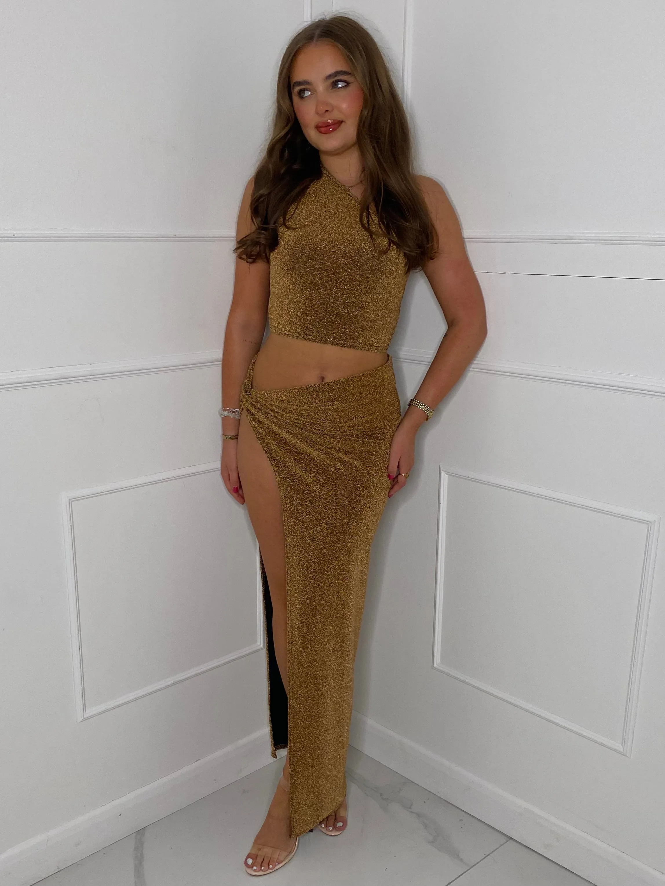 Shimmer Maxi Skirt Co-Ord - Gold