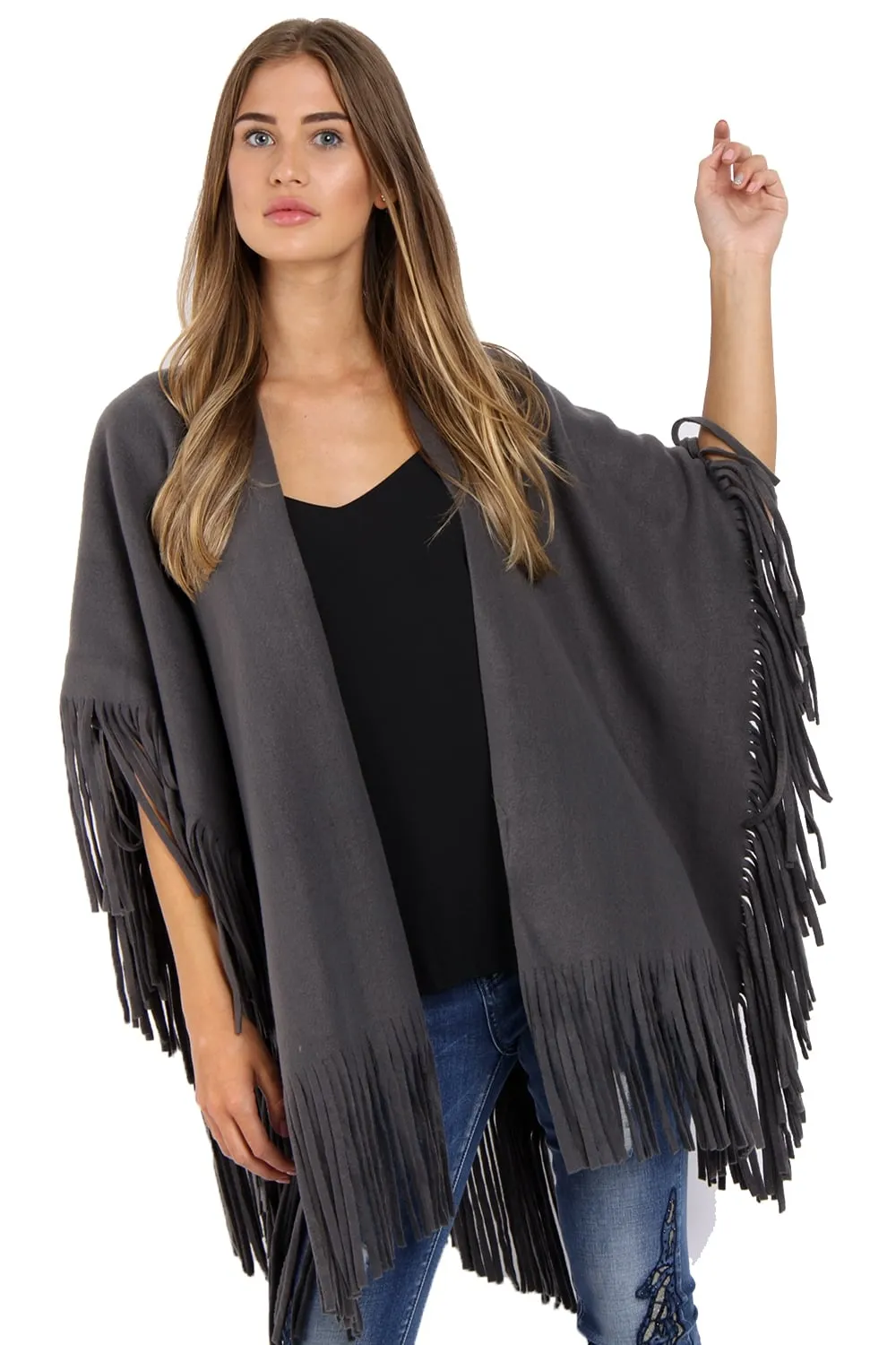 Soft Wooly Blanket Cape with Fringe Detail