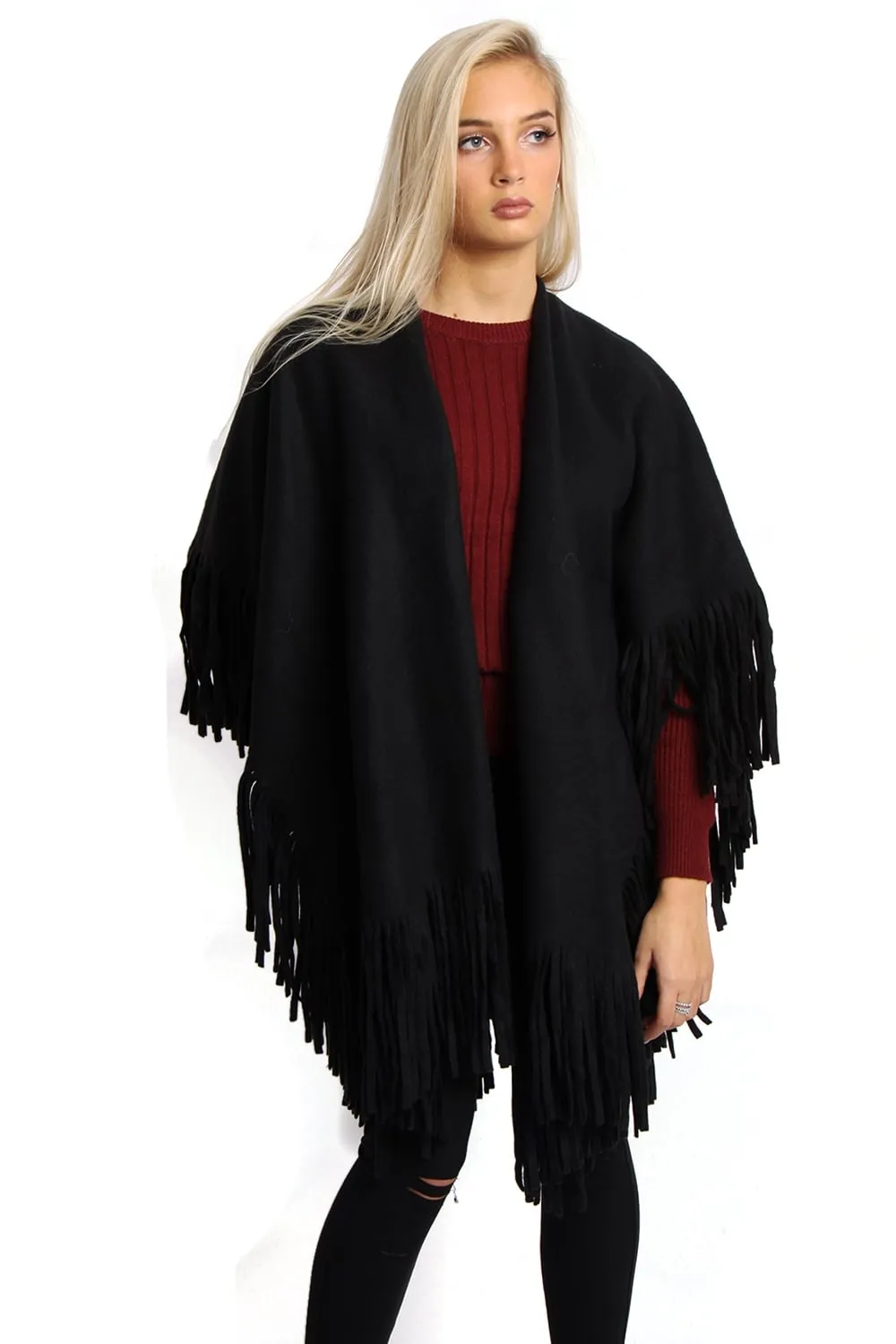 Soft Wooly Blanket Cape with Fringe Detail