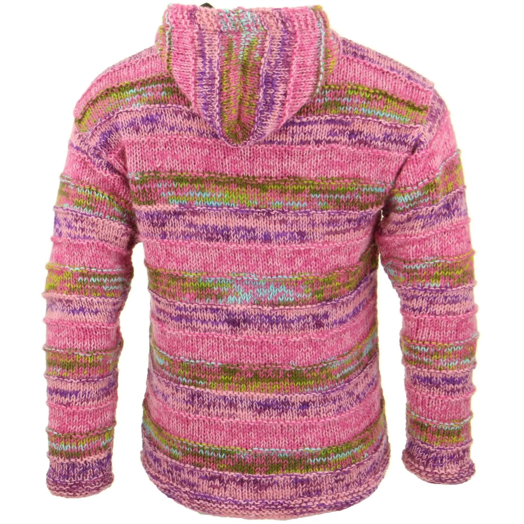 Space Dye Chunky Wool Knit Ribbed Hooded Cardigan Jacket - Pink