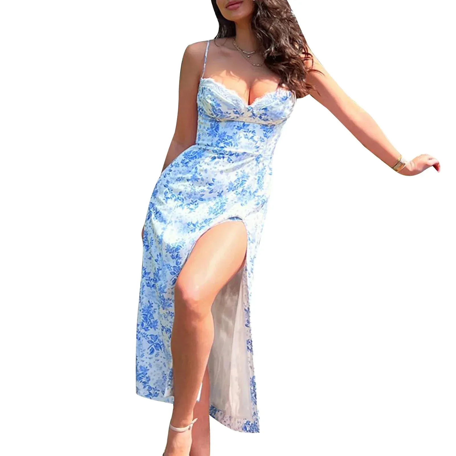 Split Long Spaghetti Strap Maxi Backless Floral Y2k Summer Beach Casual High Dress