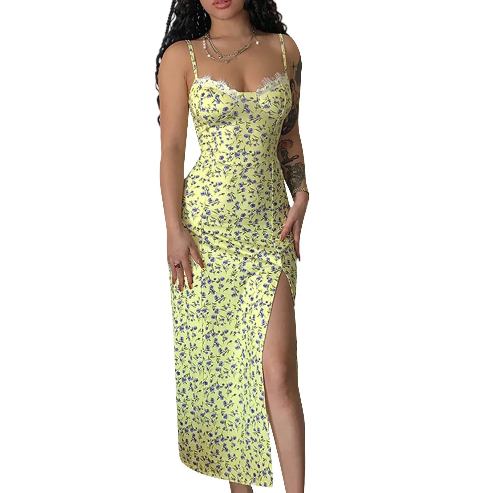 Split Long Spaghetti Strap Maxi Backless Floral Y2k Summer Beach Casual High Dress