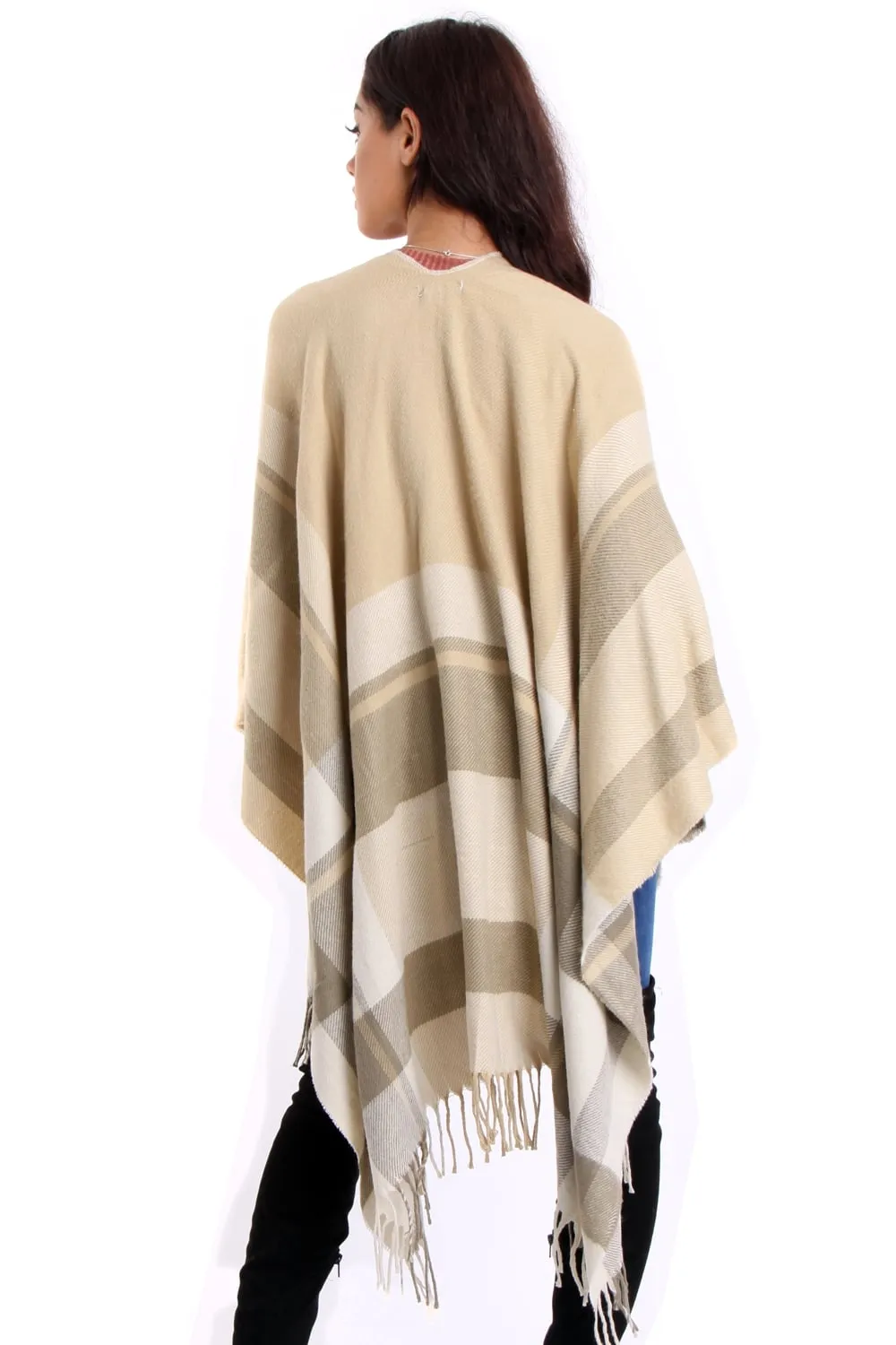 Stone Check Blanket Cape with Tassels