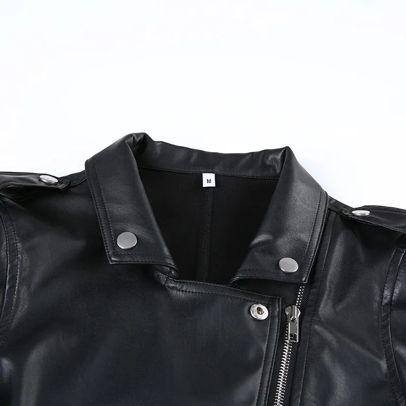 Street Motorcycle Faux Leather Womens Zipper Cropped Coat Outerwear Autumn Basic Jackets