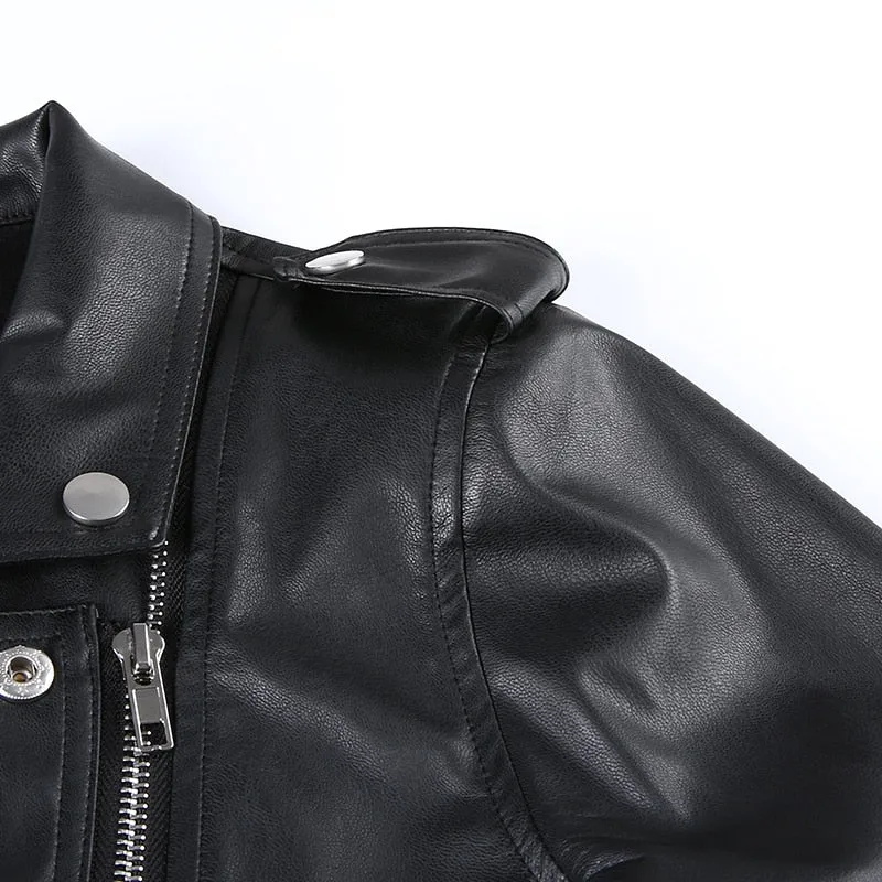 Street Motorcycle Faux Leather Womens Zipper Cropped Coat Outerwear Autumn Basic Jackets