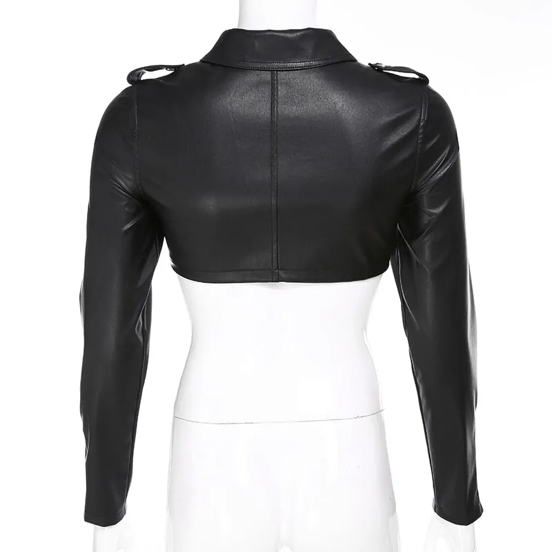 Street Motorcycle Faux Leather Womens Zipper Cropped Coat Outerwear Autumn Basic Jackets