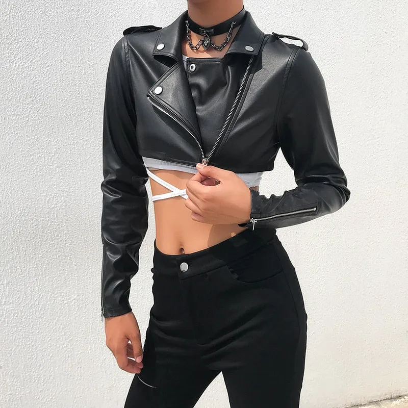 Street Motorcycle Faux Leather Womens Zipper Cropped Coat Outerwear Autumn Basic Jackets