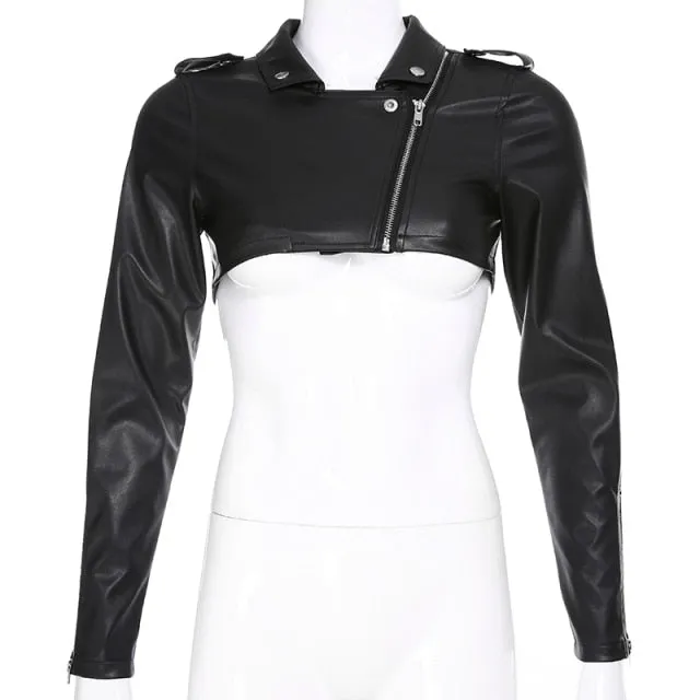 Street Motorcycle Faux Leather Womens Zipper Cropped Coat Outerwear Autumn Basic Jackets