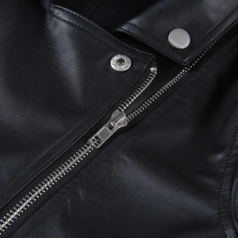 Street Motorcycle Faux Leather Womens Zipper Cropped Coat Outerwear Autumn Basic Jackets