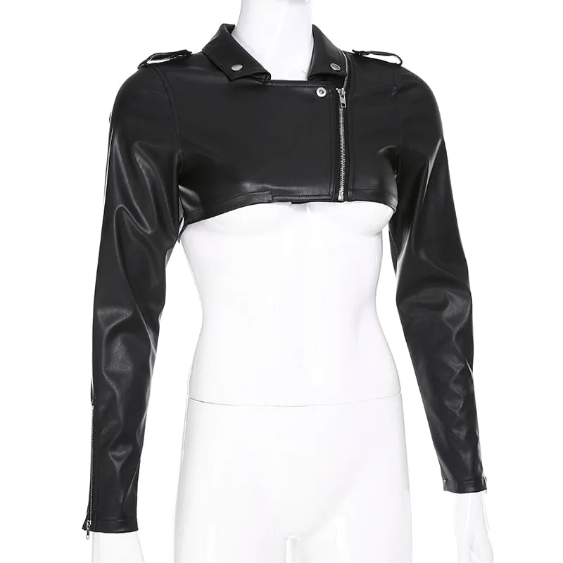 Street Motorcycle Faux Leather Womens Zipper Cropped Coat Outerwear Autumn Basic Jackets