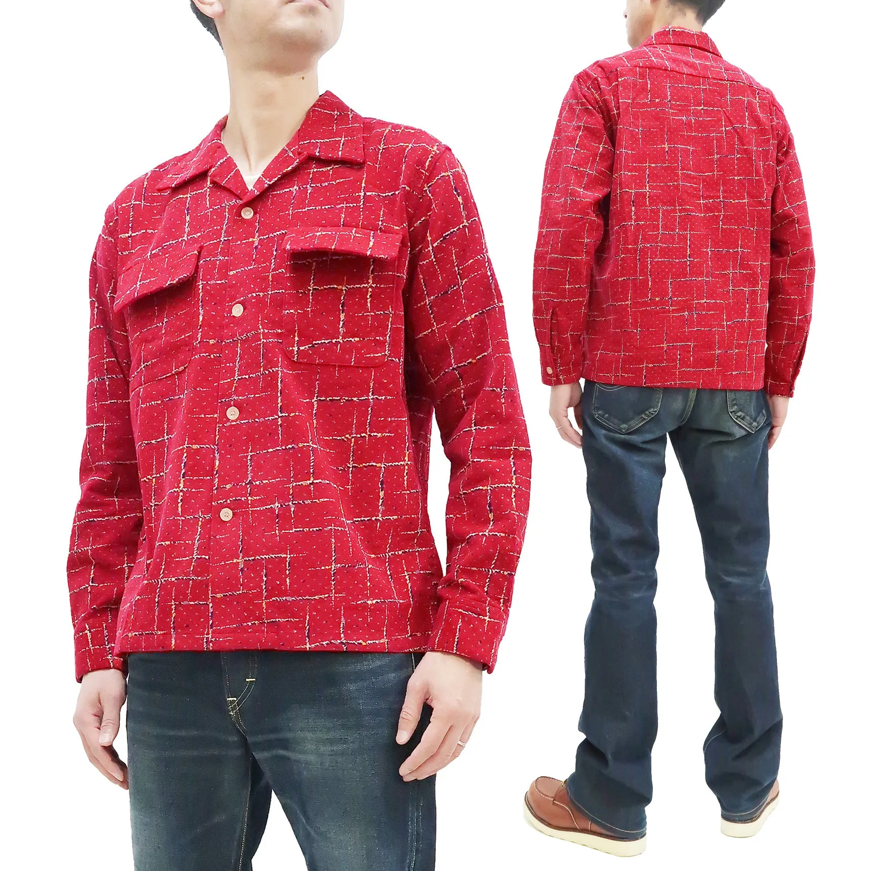 Style Eyes Corduroy Sport Shirt Men's 1950s Style Long Sleeve Button Up Shirt Cross Hatch Pattern SE28972 165 Red