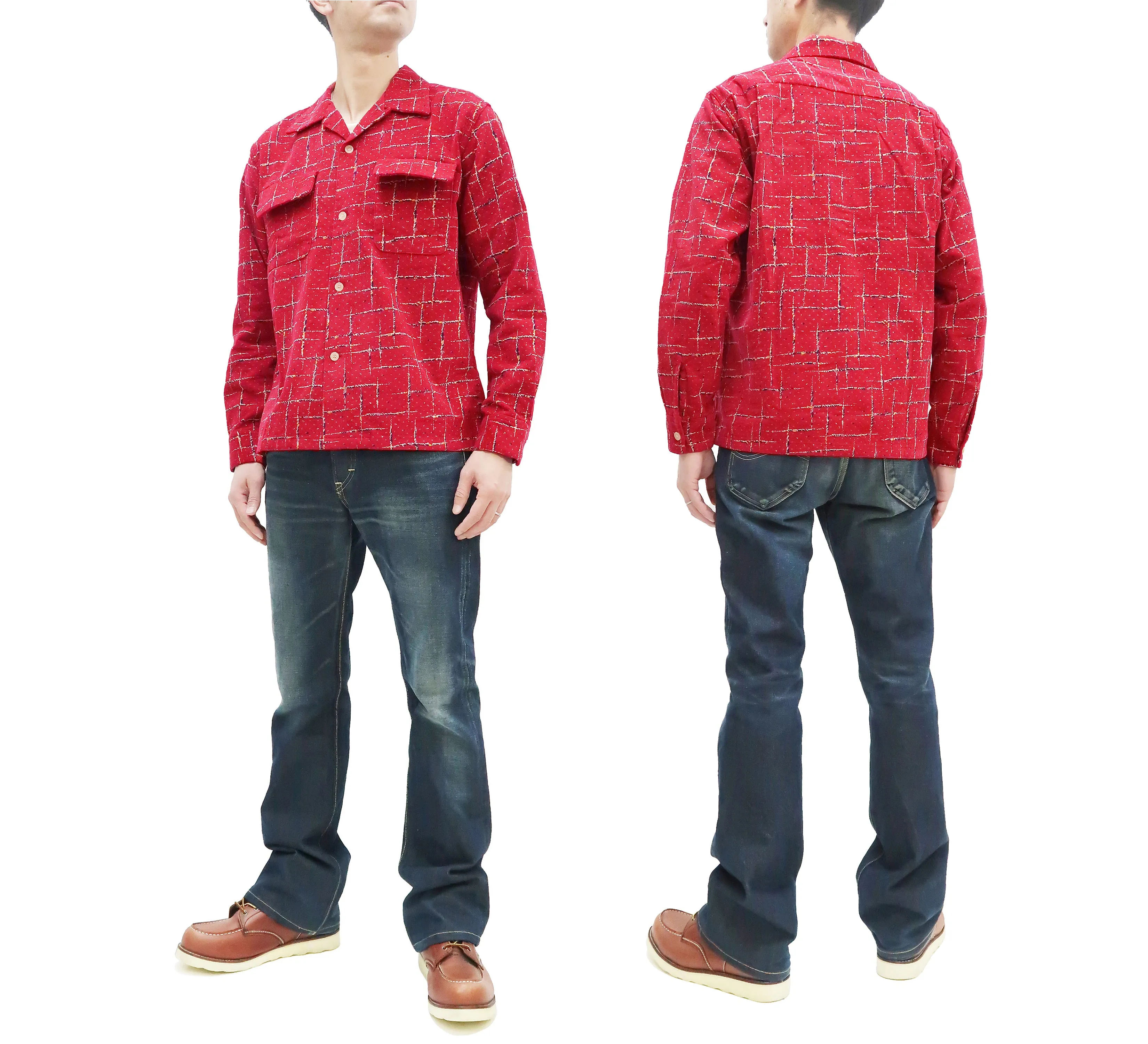 Style Eyes Corduroy Sport Shirt Men's 1950s Style Long Sleeve Button Up Shirt Cross Hatch Pattern SE28972 165 Red