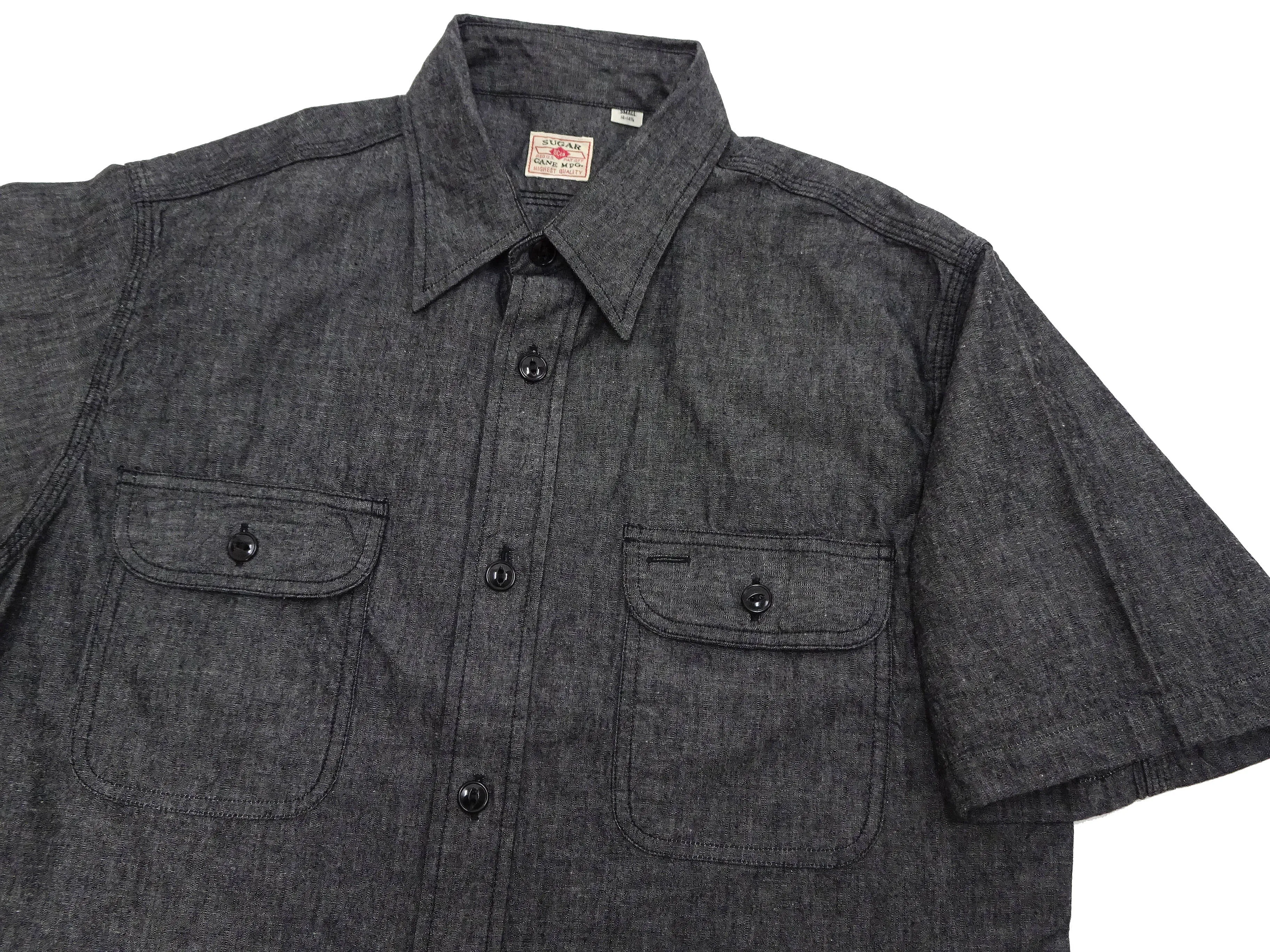 Sugar Cane Black Chambray Shirt Men's Casual Short Sleeve Plain Button Up Work Shirt SC39307 119 Black One Wash