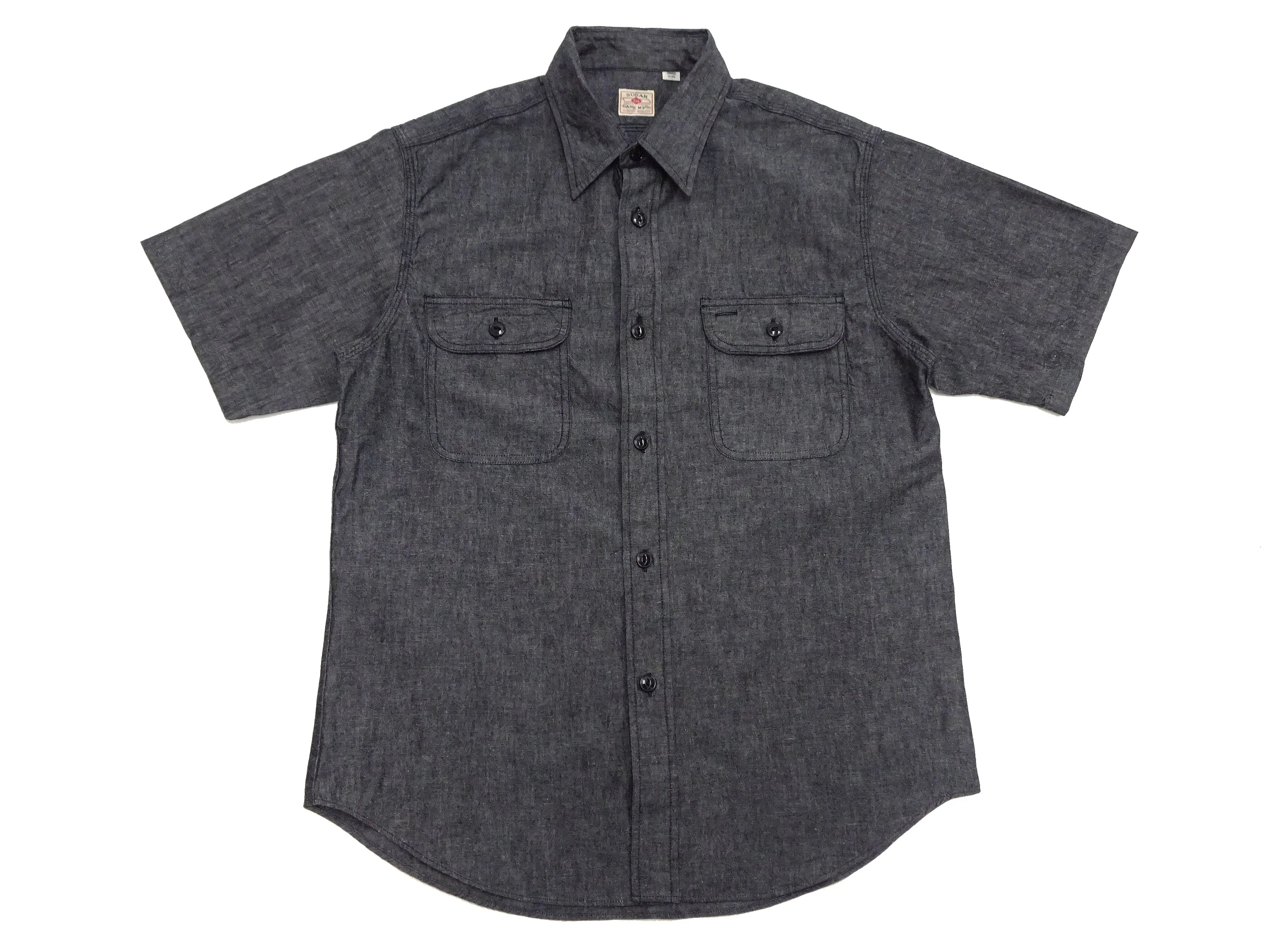 Sugar Cane Black Chambray Shirt Men's Casual Short Sleeve Plain Button Up Work Shirt SC39307 119 Black One Wash