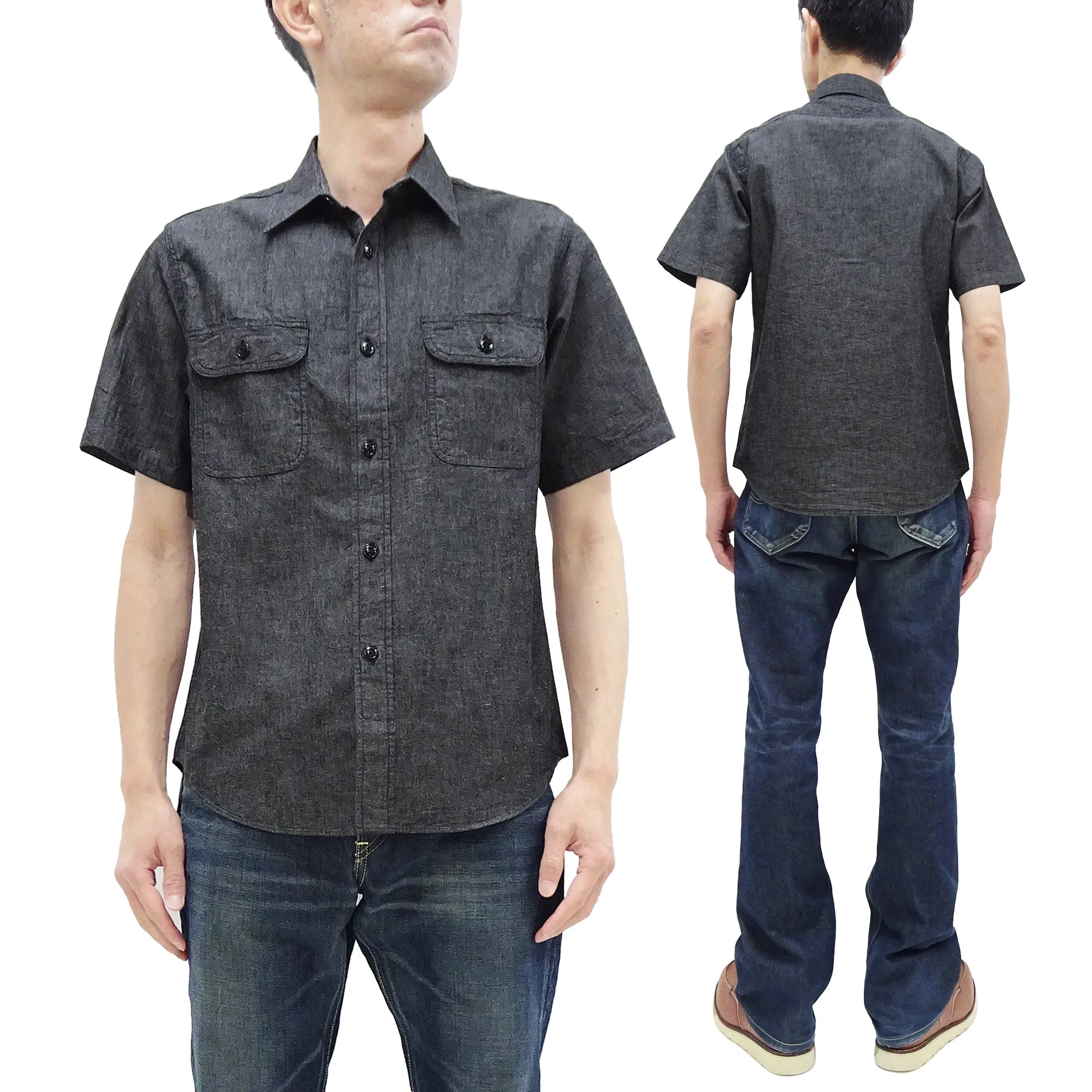 Sugar Cane Black Chambray Shirt Men's Casual Short Sleeve Plain Button Up Work Shirt SC39307 119 Black One Wash