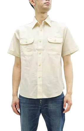 Sugar Cane Ecru Chambray Shirt Men's Casual Short Sleeve Plain Button Up Work Shirt SC37942 401 Ecru One Wash