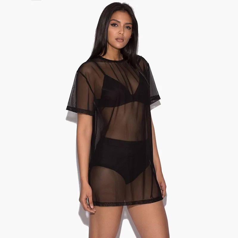 Summer Mesh Mini Dress Female Holiday O Collar Party Casual Dress Black Lace Dress