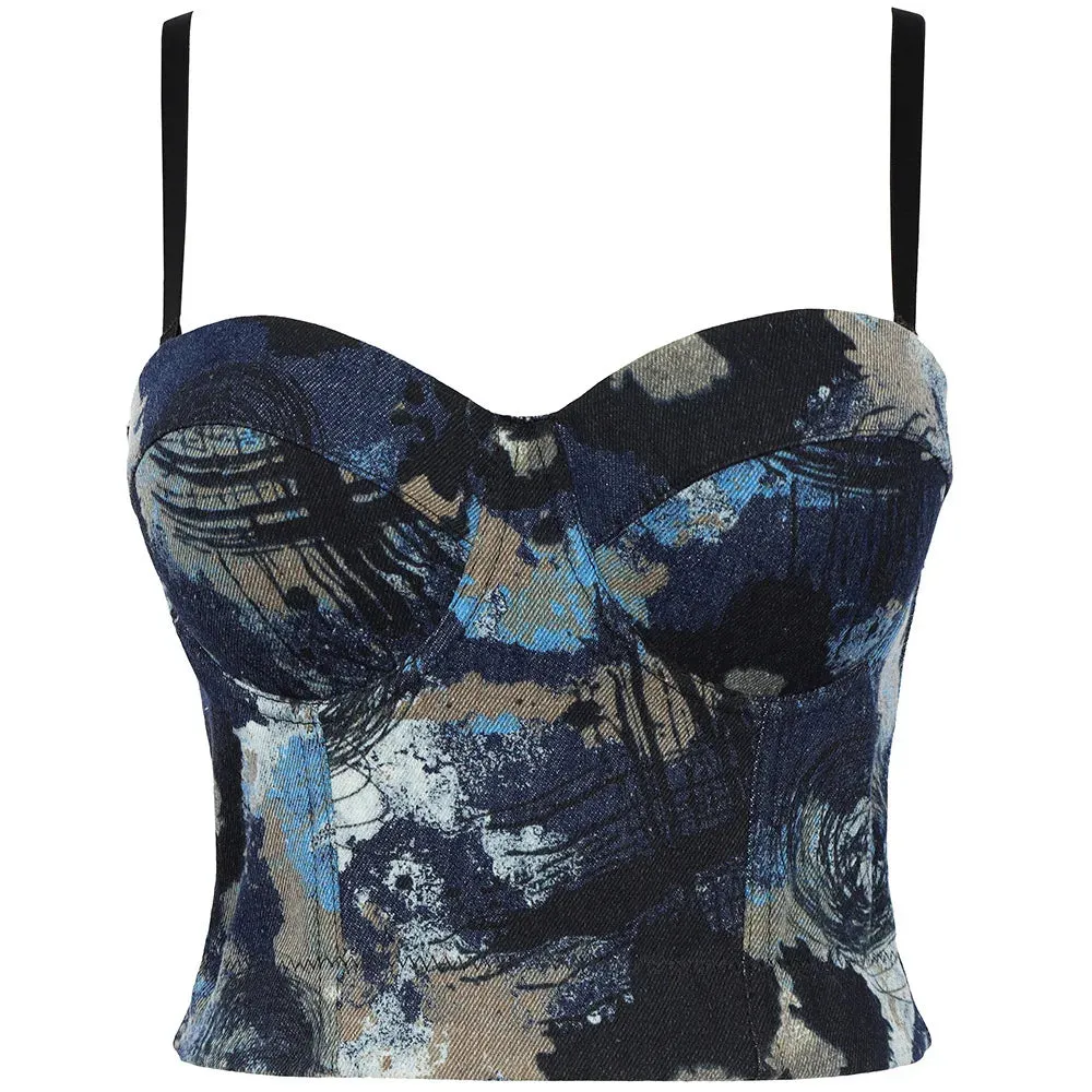 TAVIMART  -  Backless Bandage Cropped Top for Women Chic Printing Denim Camisole Female Sexy Slim Tanks Tube Top Bustier Bra Brassiere