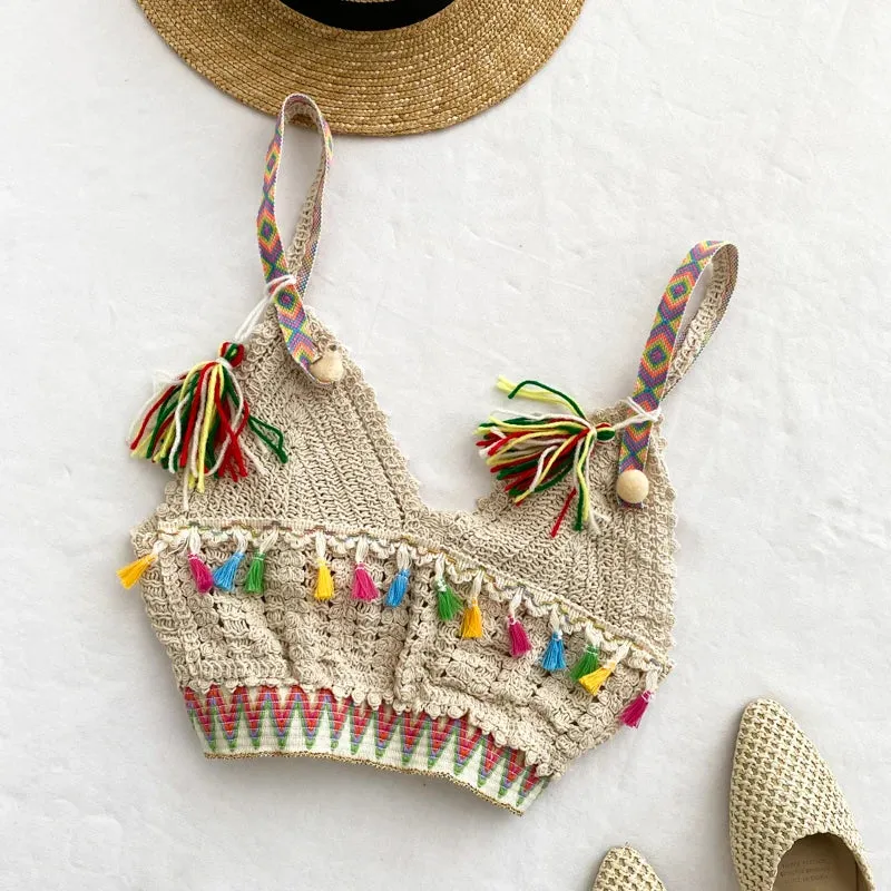 TAVIMART  -  Ins vacation  tassel camisole crochet female fashion wear wild short Summer Basic Tops Halter Bikini Hollow Knit Top