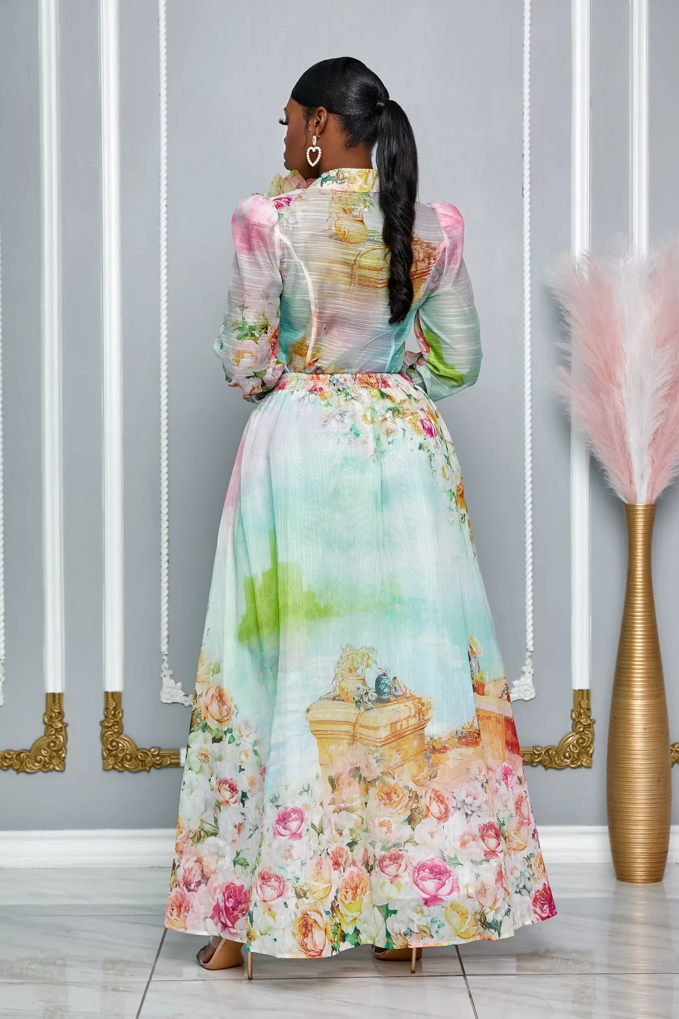 TREASURE FLOWER ACCENT BLOUSE & MAXI SKIRT SET (MULTICOLORED)