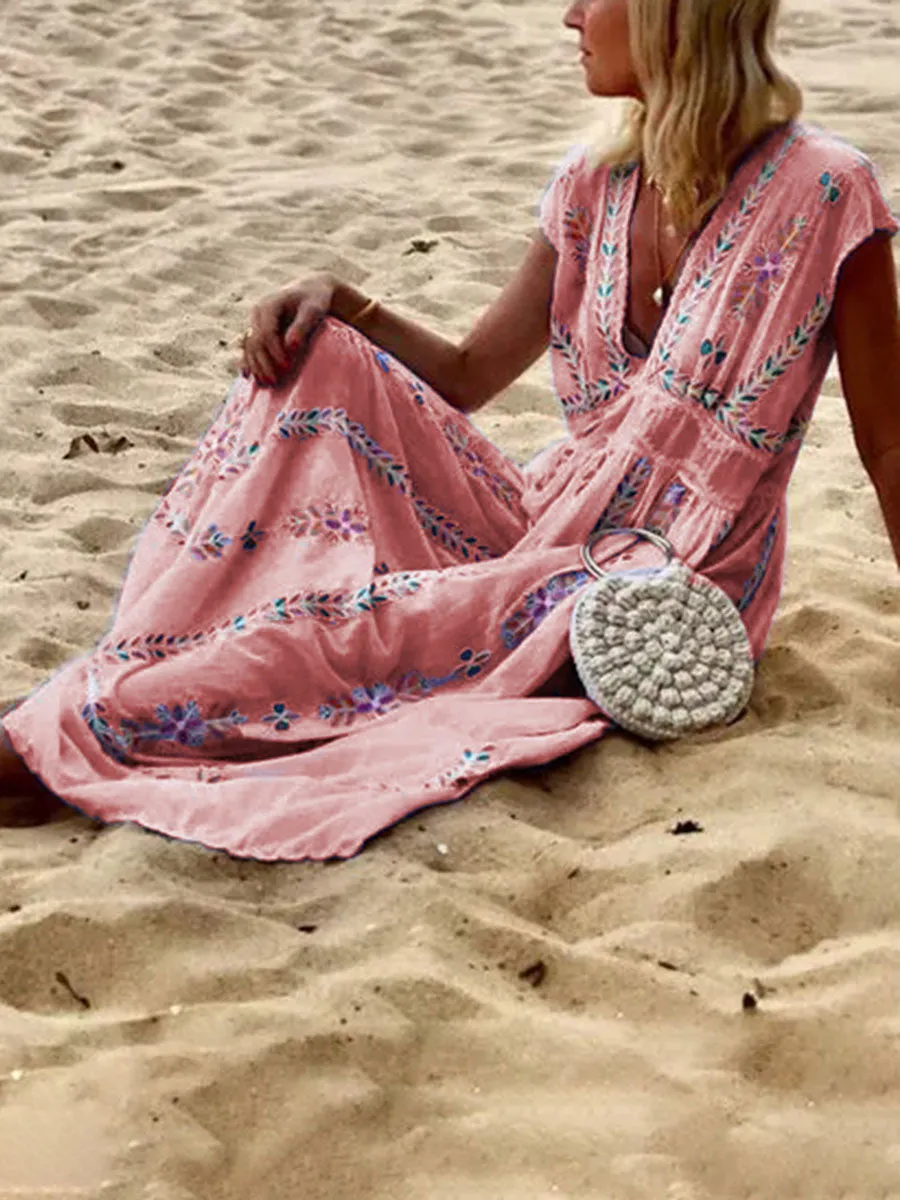 V Neck Dresses Swing Beach Cotton Dresses