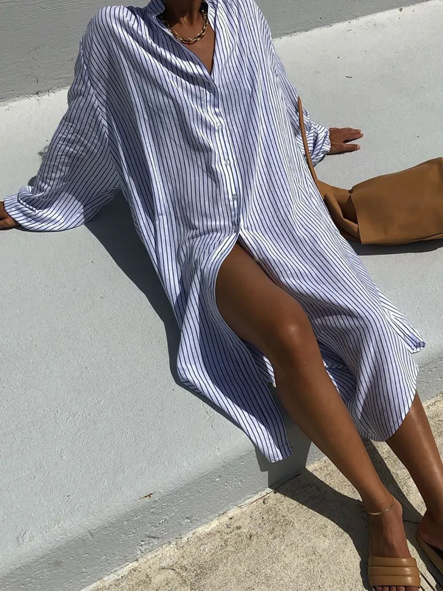 V-Neck Loose Striped Dress