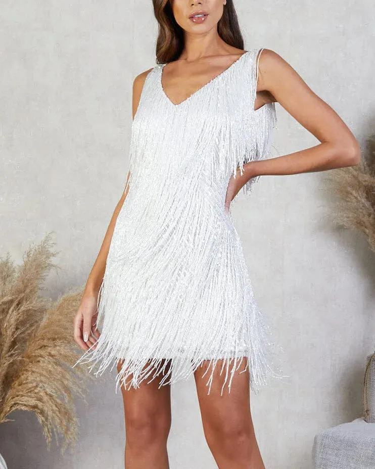 V Sleeveless Temperament Trendy Tassel Mini Solid Streetwear Neck Sequins Halter Dress