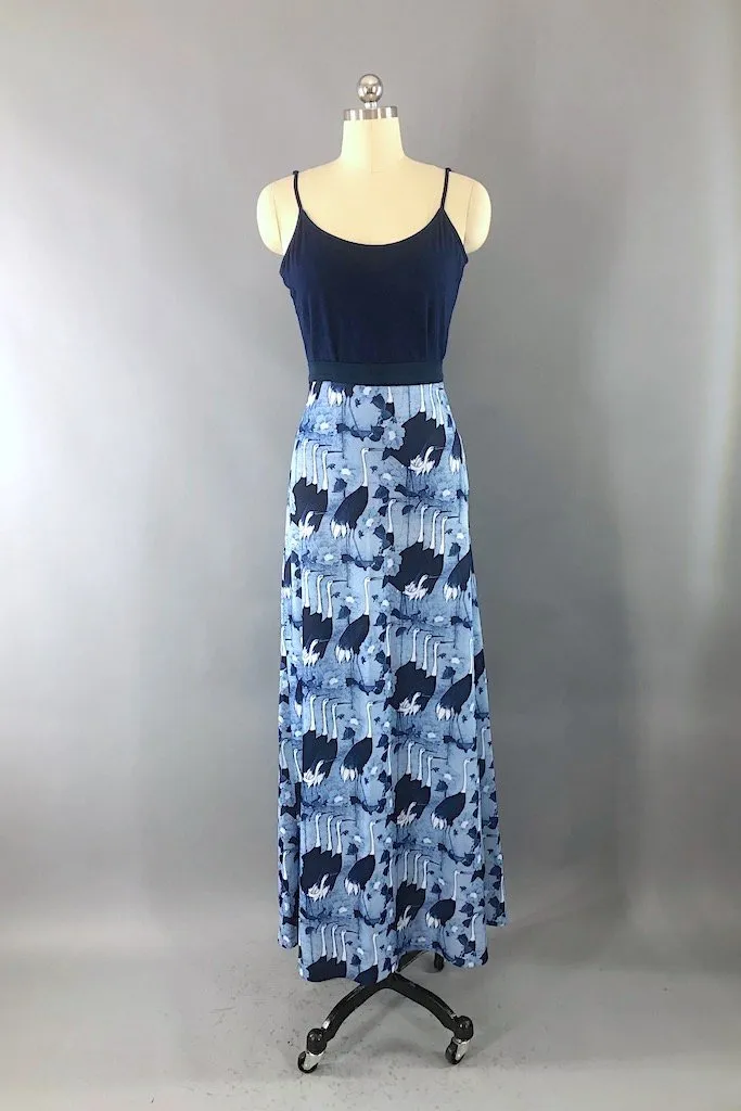 Vintage Blue Sandhill Cranes Maxi Skirt