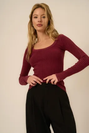 What's The Scoop Washed Rib Long Sleeve - MW Sangria
