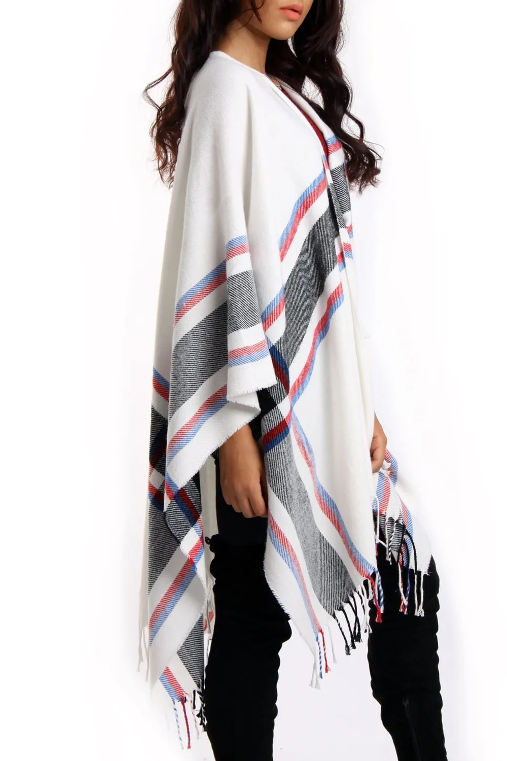 White with Blue / Red Grid Lines Tartan Check Blanket Cape with Tassels