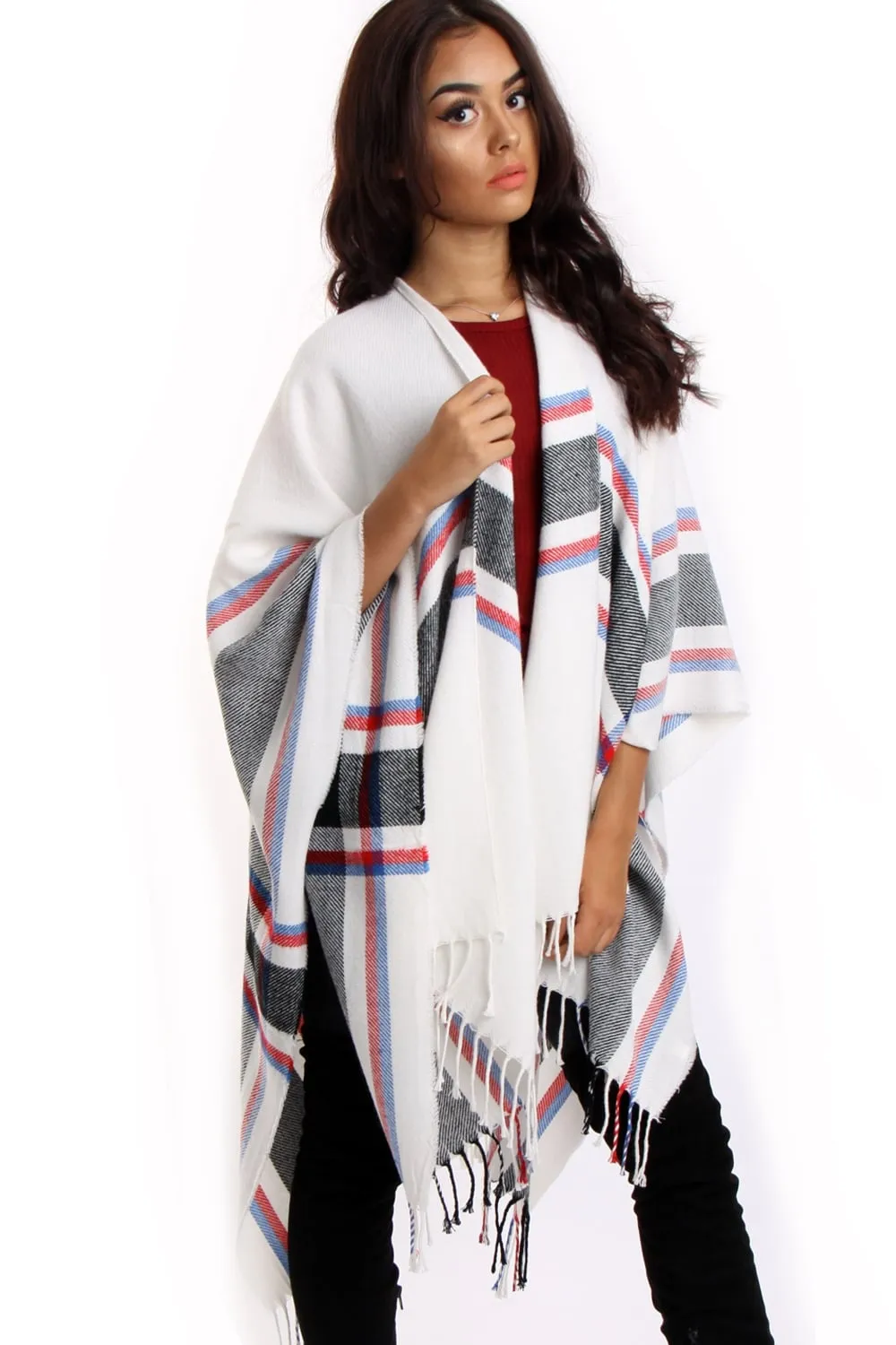 White with Blue / Red Grid Lines Tartan Check Blanket Cape with Tassels