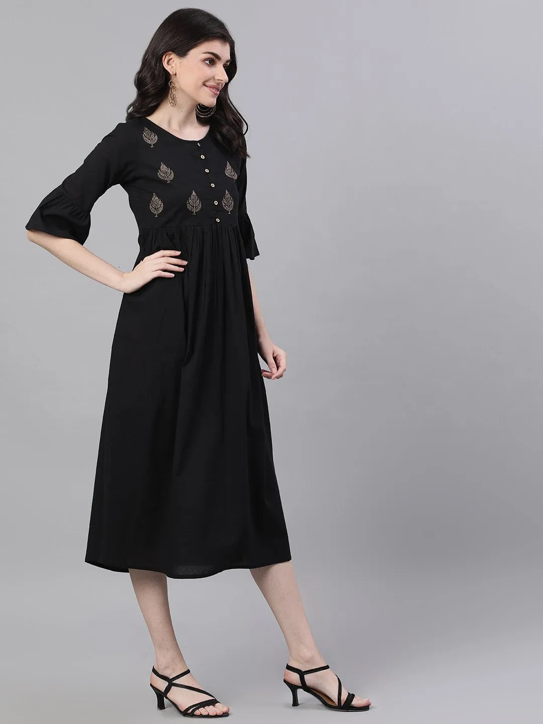 Women Black Solid Solid Round Neck Cotton Maxi Dress