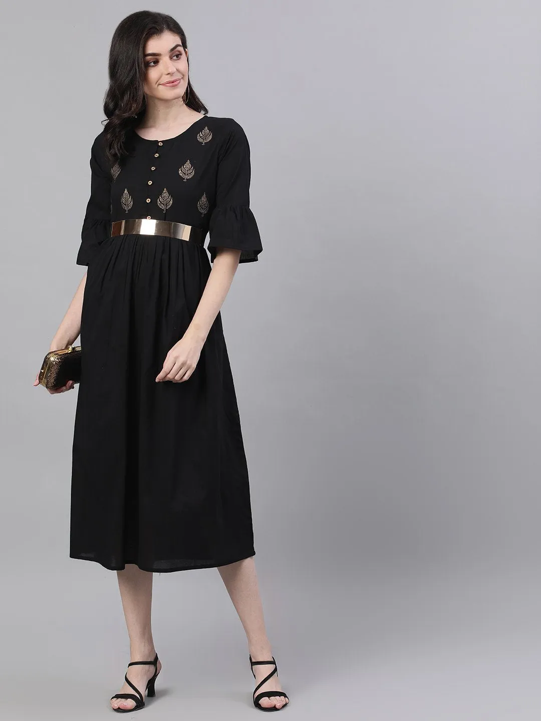 Women Black Solid Solid Round Neck Cotton Maxi Dress