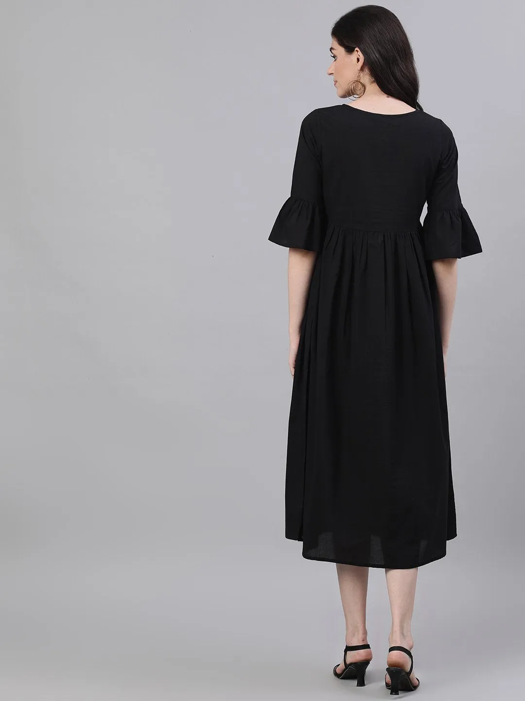 Women Black Solid Solid Round Neck Cotton Maxi Dress