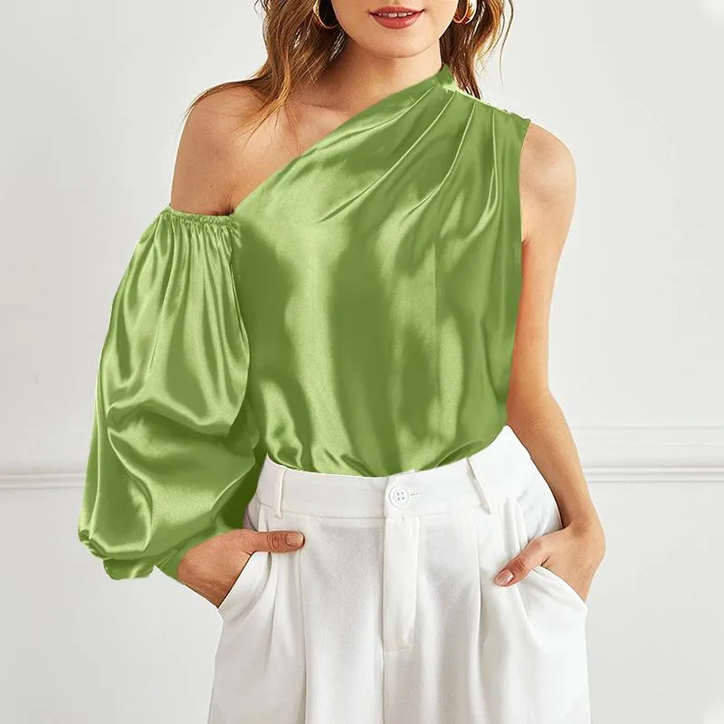 Women Satin Blouse 2022 Elegant Sexy One Shoulder Tops Fashion Lantern Sleeve Summer Asymmetrical Casual Party Shirts