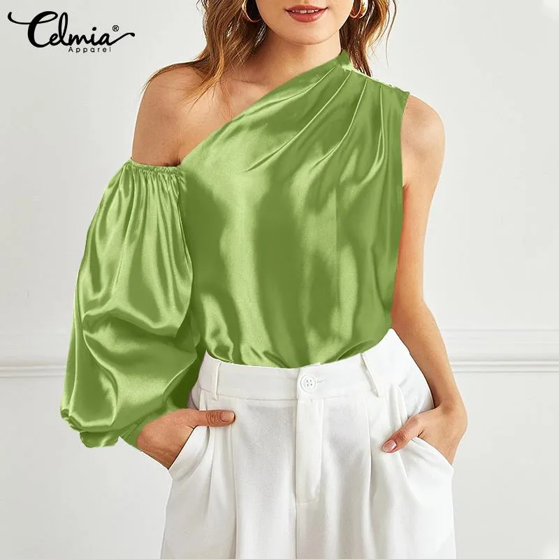 Women Satin Blouse 2022 Elegant Sexy One Shoulder Tops Fashion Lantern Sleeve Summer Asymmetrical Casual Party Shirts