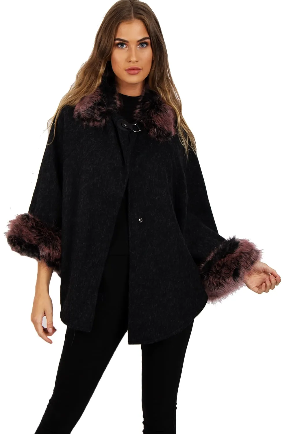 Wooly Faux Fur Collar Knitted Cape Buckle Poncho with Fur Cuffs